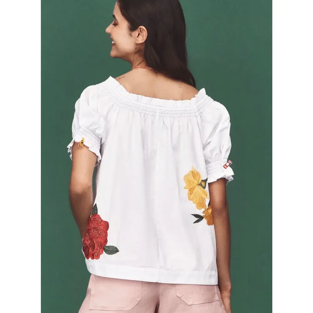 By Anthropologie Puff-Sleeve Tie-Front Embroidered Blouse | Size M